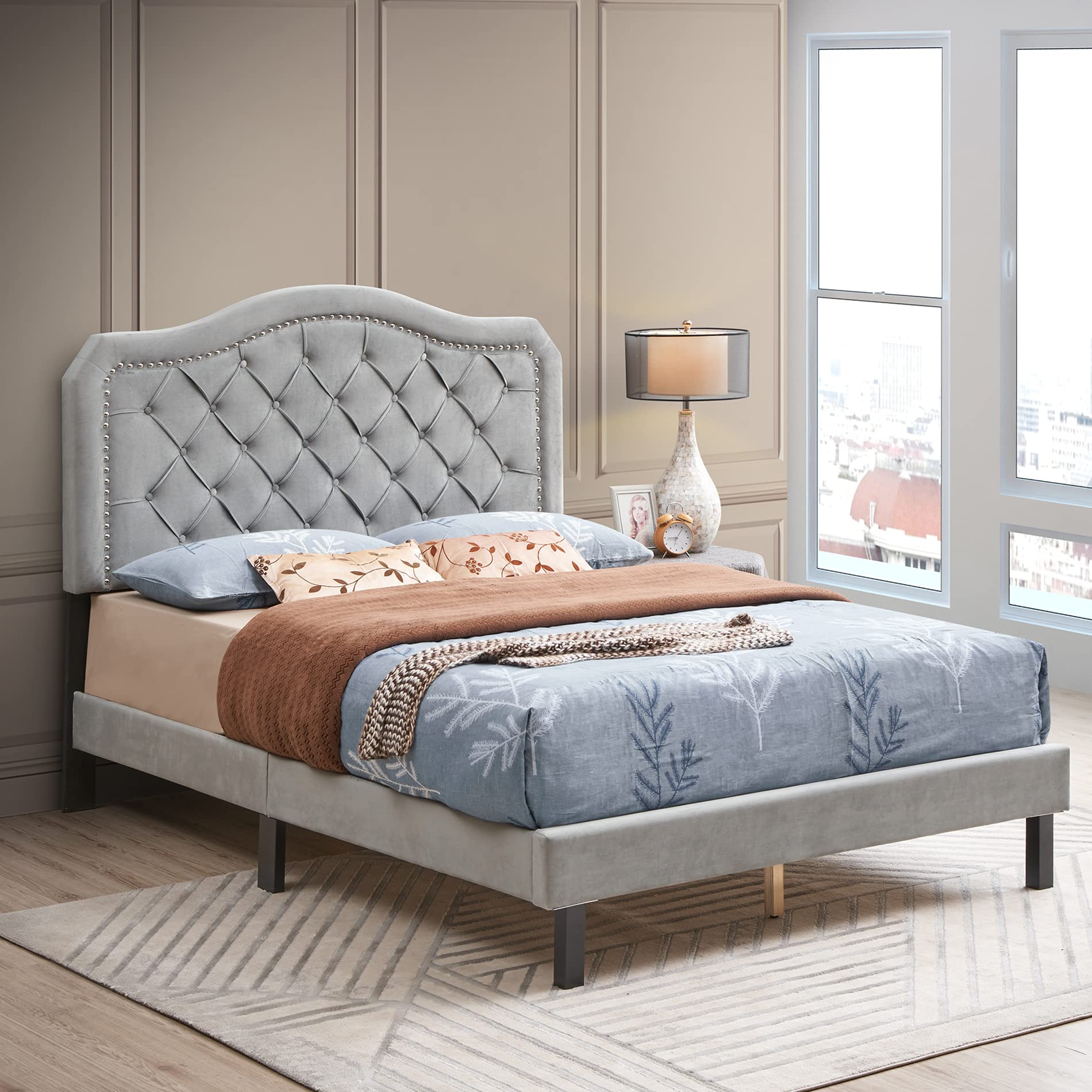 Queen Upholstered Bed Frame with Tufted Headboard - Curved Design, Wood Slat Support, Easy Assembly - Gray Velvet Fabric - Perfect for Master Bedroom & Guest Room Decor