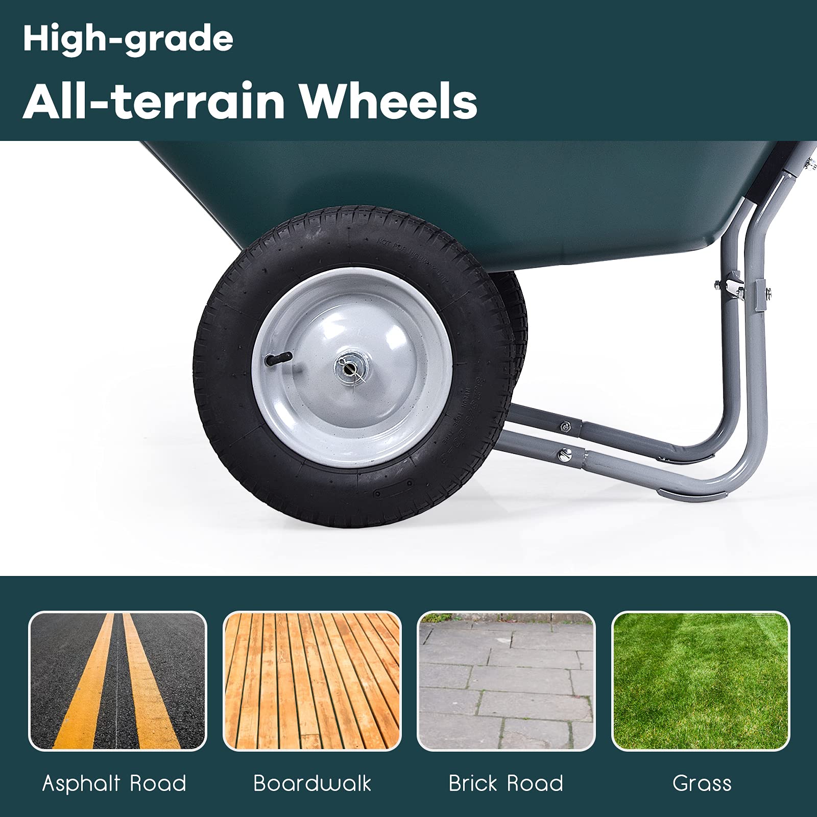 Heavy Duty Dual Wheel Wheelbarrow - 330 LBS Capacity with All-Terrain Pneumatic Tires | Utility Garden Cart for Gardening, Planting, Yard Work & Construction Sites | Perfect for Home Improvement, Landscaping & Outdoor Projects (Green)