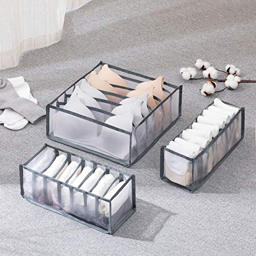 3-Pack Foldable Underwear Organizer Storage Box - Thickened Gray Bra & Sock Drawer Dividers for Closet, Dresser, Travel & Home Organization