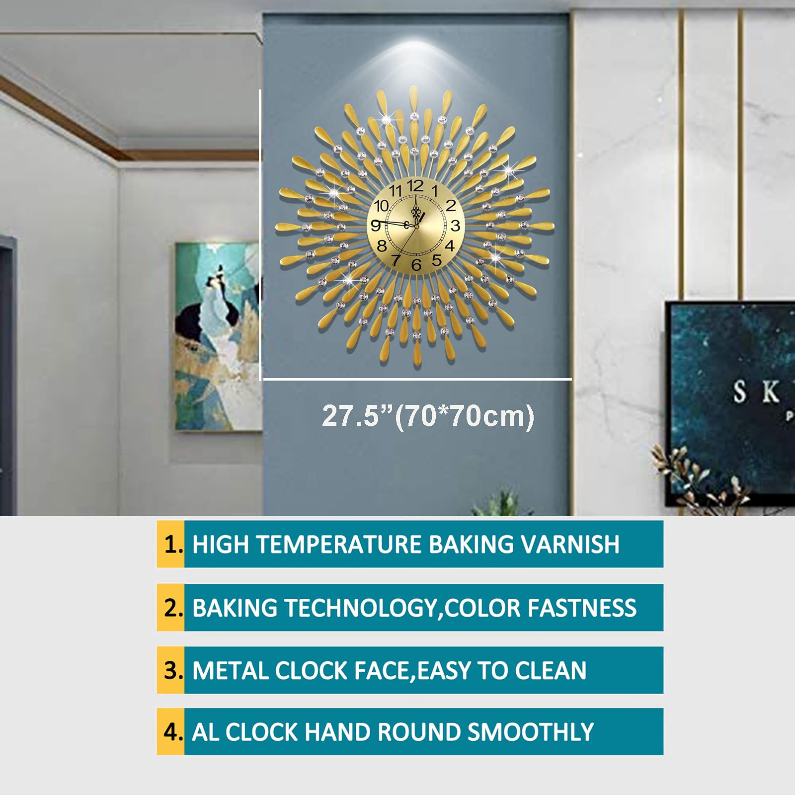 Large Metal Wall Clock - 3D Decorative Silent Non-Ticking Quartz Clock with Arabic Numerals for Living Room, Bedroom, Kitchen & Office Decor | Perfect for Home, Apartment & Workspace
