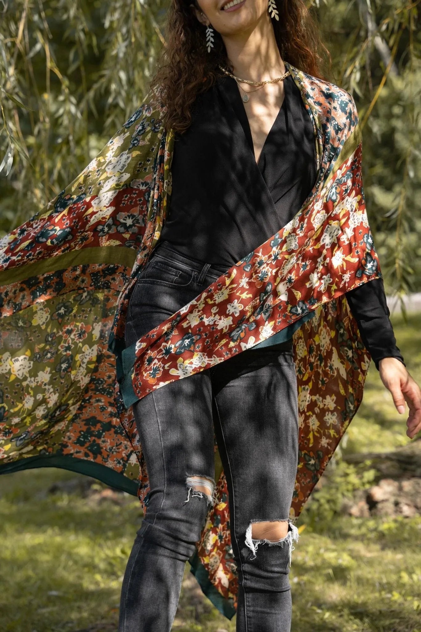 Floral Multi-Patterned Kimono Long Sleeve Robe - Elegant Boho Cover Up for Women, Beachwear, Loungewear & Festival Outfit