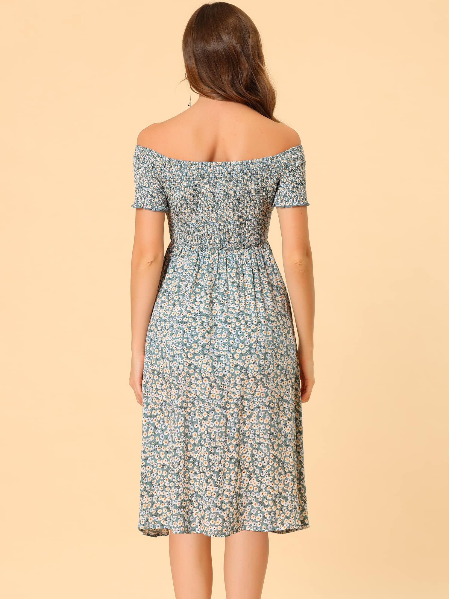 Allegra K Women's Off Shoulder Smocked Floral Midi Dress - Summer Short Sleeve Split Dress for Beach, Vacation & Date Night