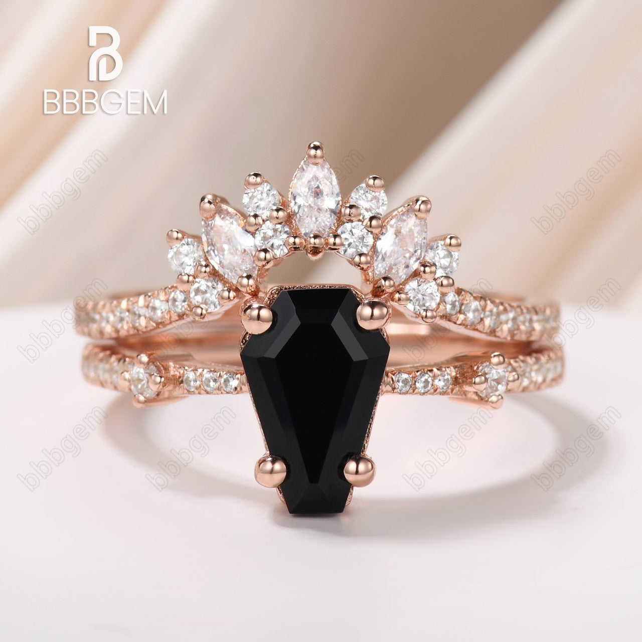 Unique Black Onyx Coffin Wedding Ring Set for Women - 14K Rose Gold Three-Stone Engagement Ring with Marquise Moissanite | Gothic Jewelry, Alternative Bridal Ring, Dark Romance Wedding Band
