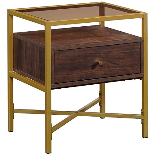 Pemberly Row 1 Drawer Glass Top End Table - Rich Walnut & Gold Finish Nightstand for Living Room, Bedroom, or Office Decor