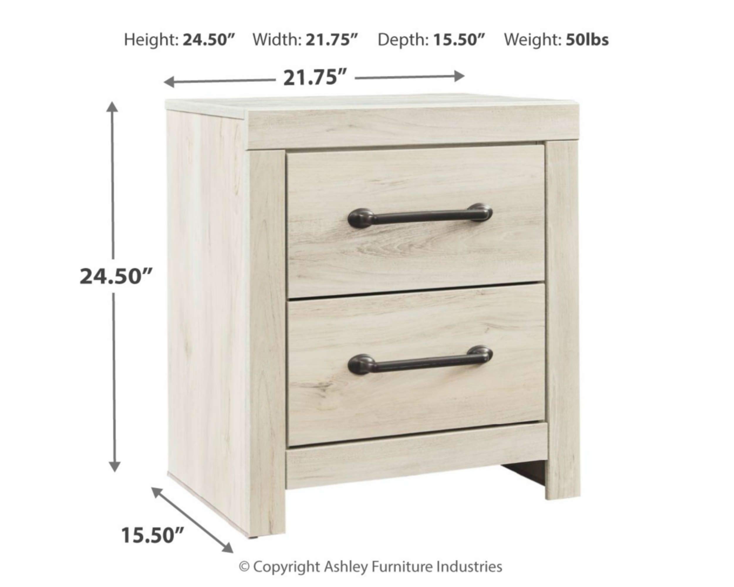 Signature Design by Ashley Cambeck Farmhouse Industrial 2-Drawer Nightstand with USB Charging Stations - Whitewashed Wood Bedside Table with Slim Profile (24.37