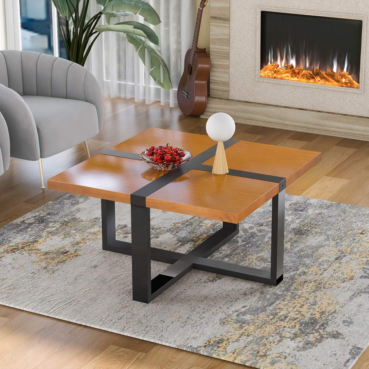 37.4 Inch Modern Industrial Coffee Table - Crossed Shape Table Top with Sturdy Metal Legs, Easy Assembly Teak Sofa Side Table for Living Room, Bedroom & Office Decor