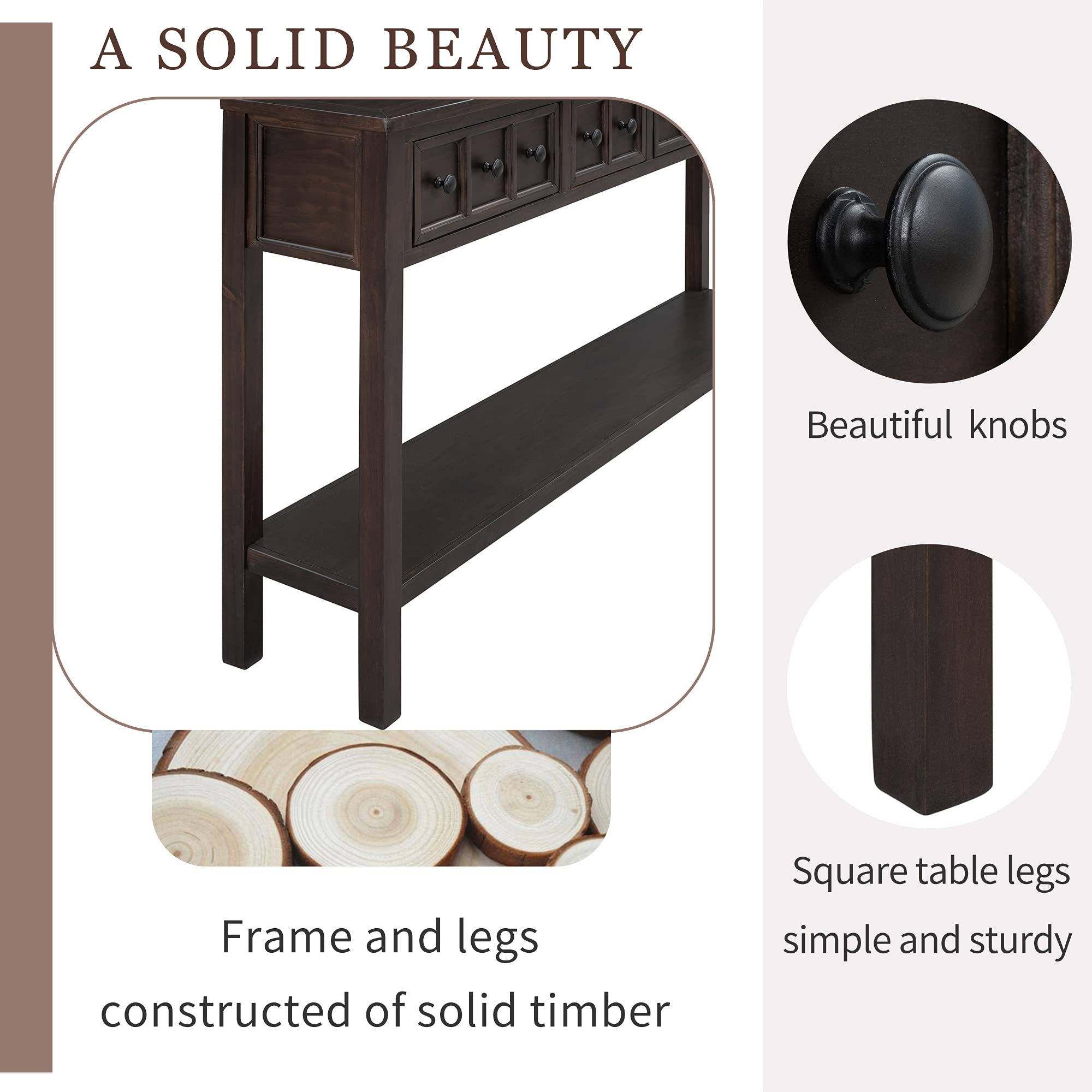 Distressed 4-Drawer Entryway Console Table with Open Shelf - Solid Wood Frame, 220lbs Capacity - 60