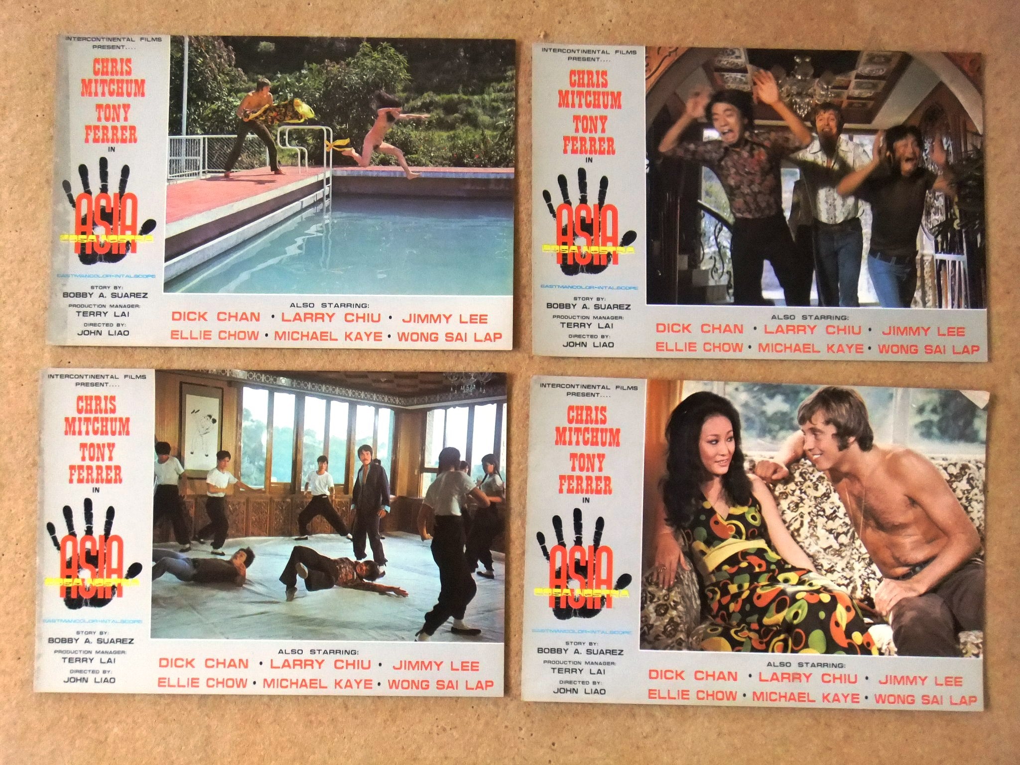Vintage 1970s Hong Kong Movie Lobby Cards - Rare Set of 17 Cosa Nostra Asia Film Collectibles with Chris Mitchum | Perfect for Film Memorabilia Collectors, Asian Cinema Enthusiasts, and Home Theater Decor