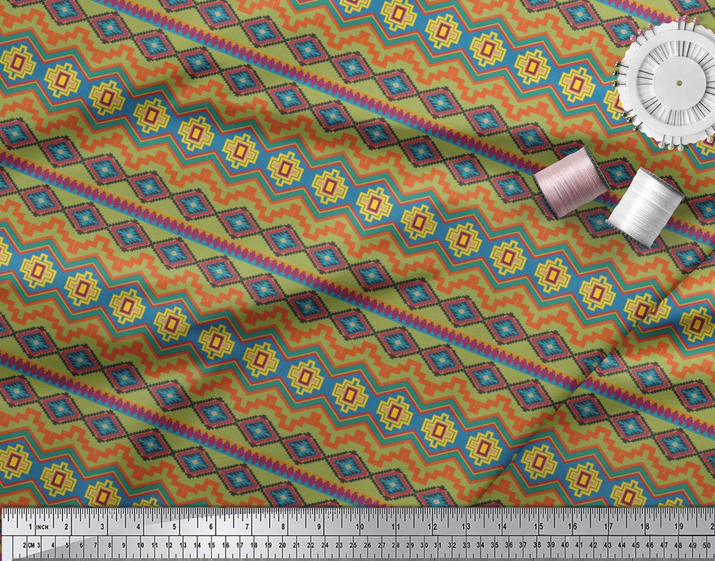 Soimoi Moss Green Georgette Fabric by The Yard - 42 Inch Wide Aztec Geometric Printed Material - Tribal Contemporary Fusion for Dresses, Curtains & Home Decor | Fashion & DIY Craft Projects