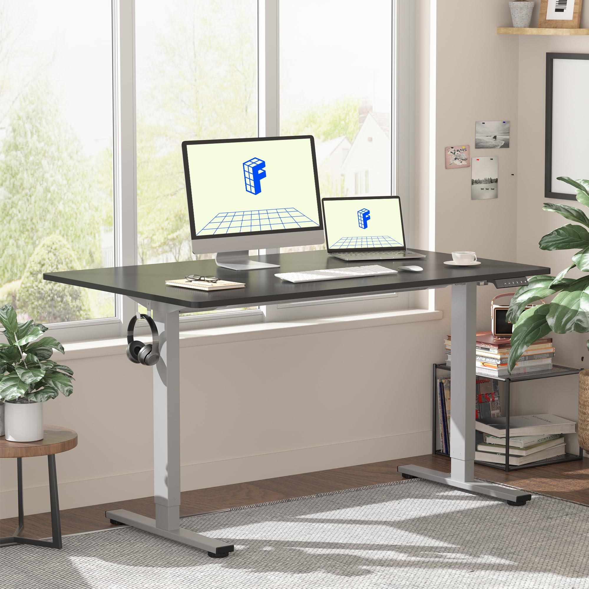 FLEXISPOT EN1 48 x 24 Inches Electric Height Adjustable Standing Desk - Seamless One-Piece Desktop, Silver Frame & Black Top for Home Office - Perfect for Work from Home, Gaming & Study (2 Packages)