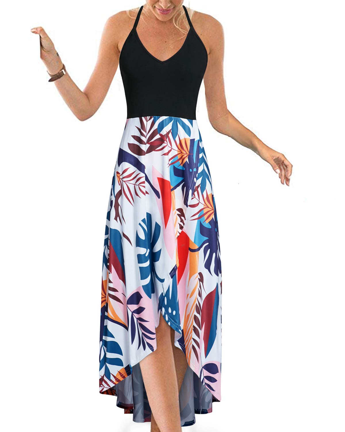 KILIG Women's V Neck Sleeveless Floral Maxi Dress - Asymmetrical Patchwork Summer Sundress for Casual Wear, Beach Vacation & Outdoor Parties