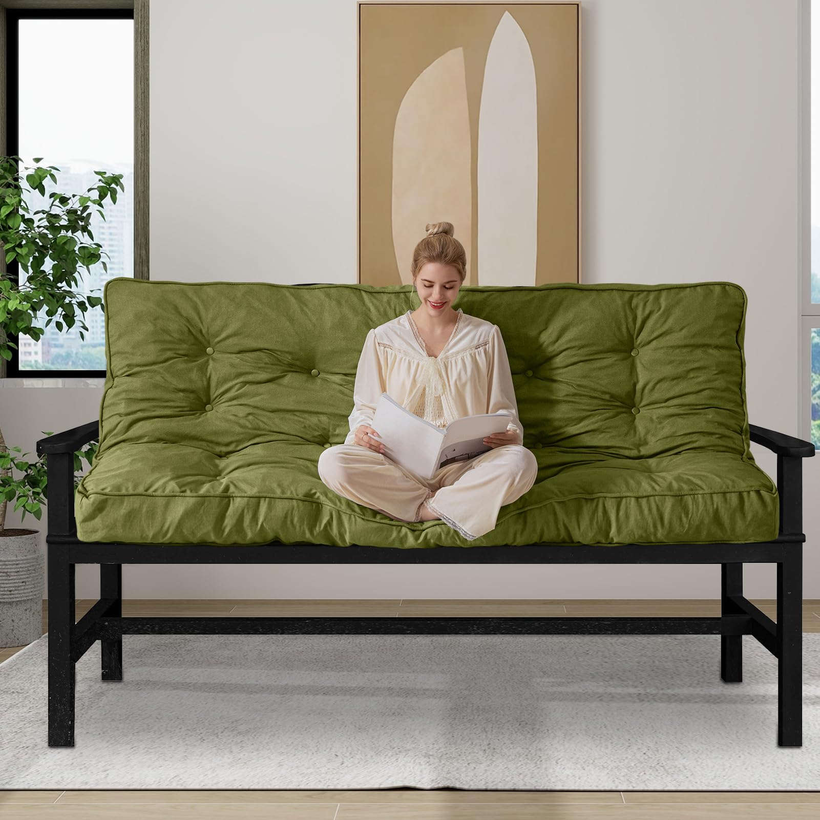 YOSHOOT 6 Inch Queen Size Futon Mattress - Thick Shredded Foam Sofa Bed for Adults - Medium Firm Floor Mattress - Green (Frame Not Included) - Perfect for Guest Beds, Small Apartments & Dorm Rooms