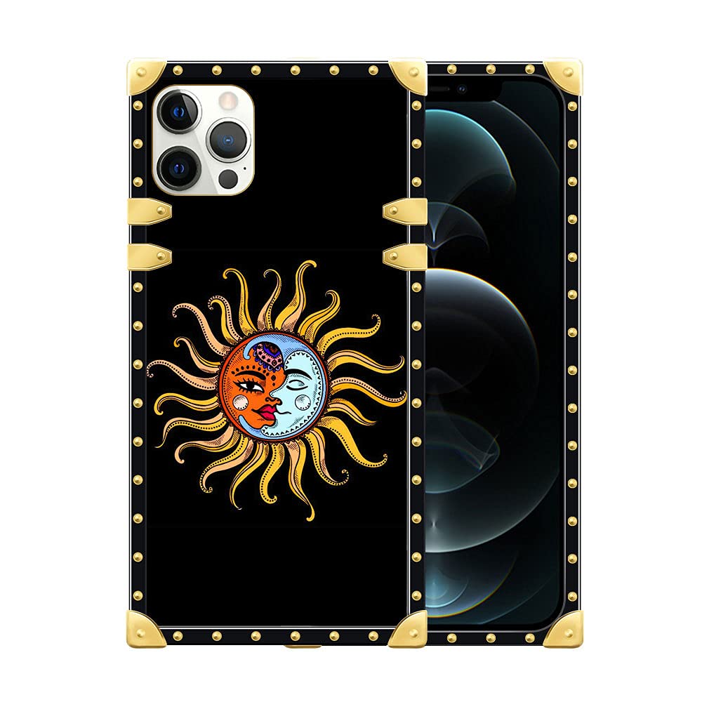 Luxury Square iPhone 11 Pro Max Case with Sun and Moon Design - Soft TPU Full Body Protection with Metal Plating Corners | Shockproof Bumper Cover for Women & Girls | Perfect for Everyday Use, Office, and Travel Protection