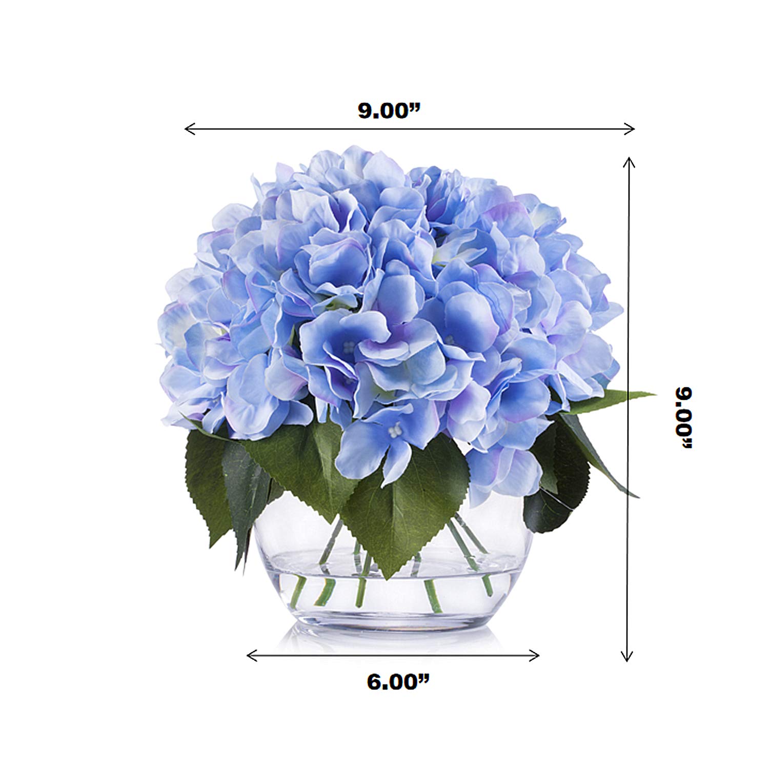 ENOVA HOME Artificial Silk Hydrangea Flowers Arrangement in Clear Glass Vase - Blue Floral Centerpiece for Home Decor, Wedding, Office & Table Decorations