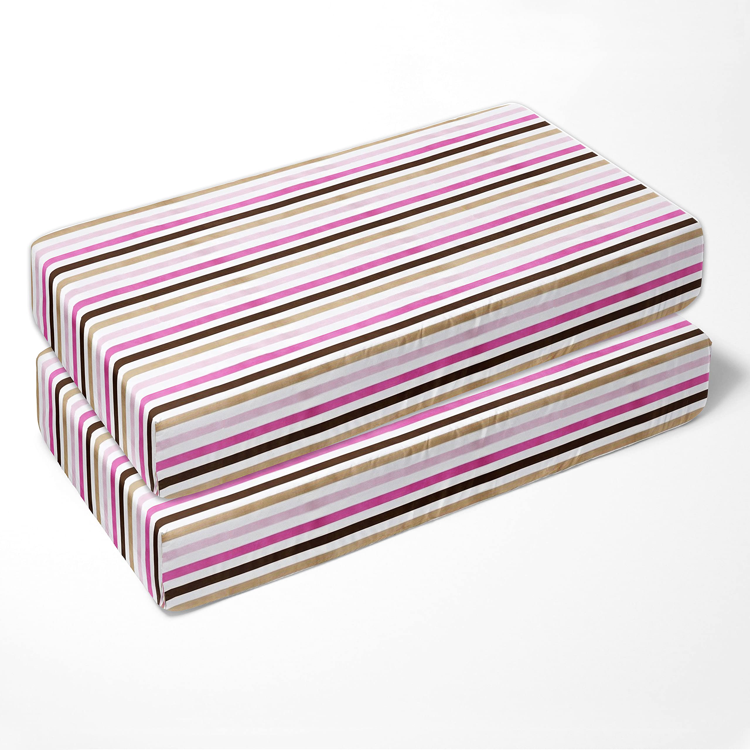Bacati Crib Fitted Sheets - Soft Mod Stripes Pink & Chocolate (Pack of 2) | Breathable Cotton Baby Crib Sheets for Boys & Girls | Perfect for Nursery, Daycare & Travel