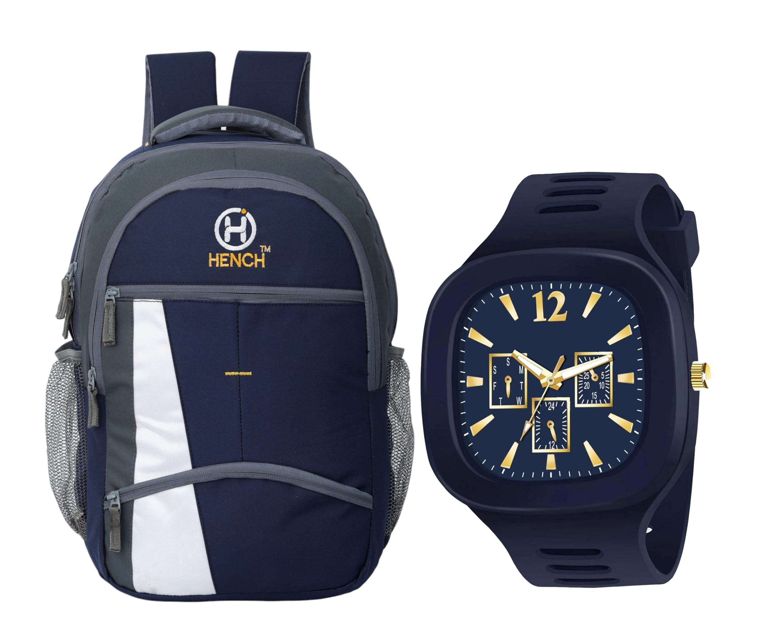Waterproof School Backpack for College Students & Stylish Analog Watch for Men & Women - Navy Blue & Blue - Perfect for Daily Commute, Campus Life & Outdoor Adventures