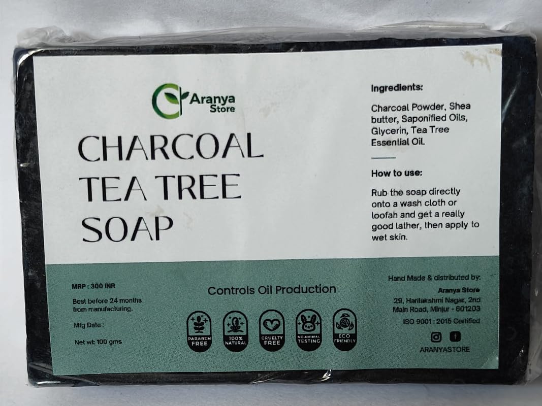 **Aranya Store Natural Charcoal Tea Tree Soap for Acne & Oily Skin – Deep Cleansing, Exfoliating & Detoxifying Facial & Body Soap for Clear, Healthy Skin**    *(Use for daily skincare, acne treatment, body detox, and gentle exfoliation – ideal for oily, combination, or sensitive skin.)*