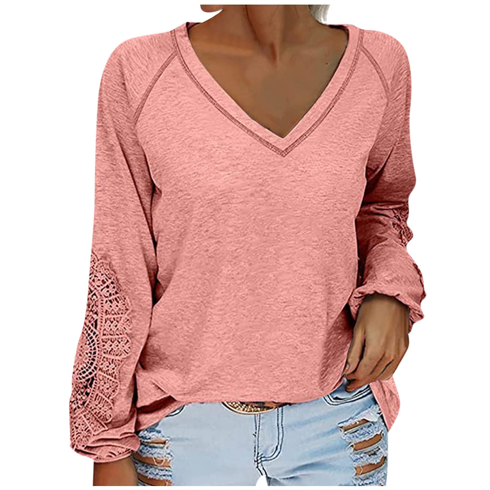Women's Solid Color Lace Stitching T-Shirt - Lantern Sleeve Casual Blouse Tunic Top for Everyday Wear | Office, Party & Date Night Outfits