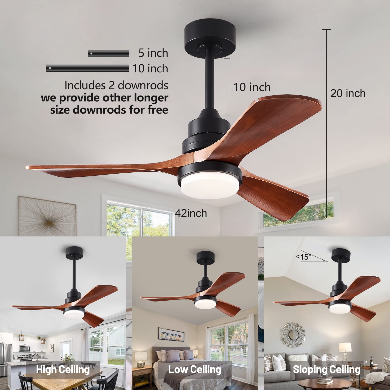 42 Inch Wood Ceiling Fan with Light and Remote Control - Upgraded Dimmable Quiet Reversible DC Motor, 3 Blade 6 Speed Black Ceiling Fan for Farmhouse, Living Room, Bedroom, Dining Room, Office - Perfect for Home Cooling and Stylish Interior Decor