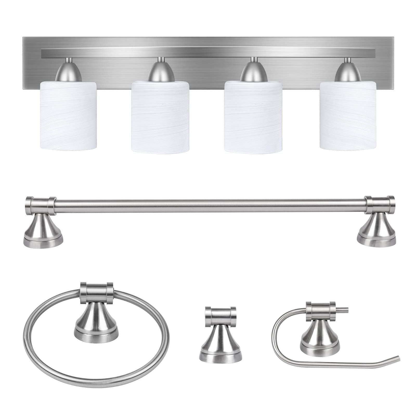 PARTPHONER 4-Light Bathroom Vanity Light Fixture Set - 5 Piece All-in-One Bathroom Accessories Including Towel Ring, Robe Hook & Toilet Paper Holder in Brushed Nickel with White Frosted Glass - Perfect for Modern Bathroom, Master Bath & Powder Room Decor
