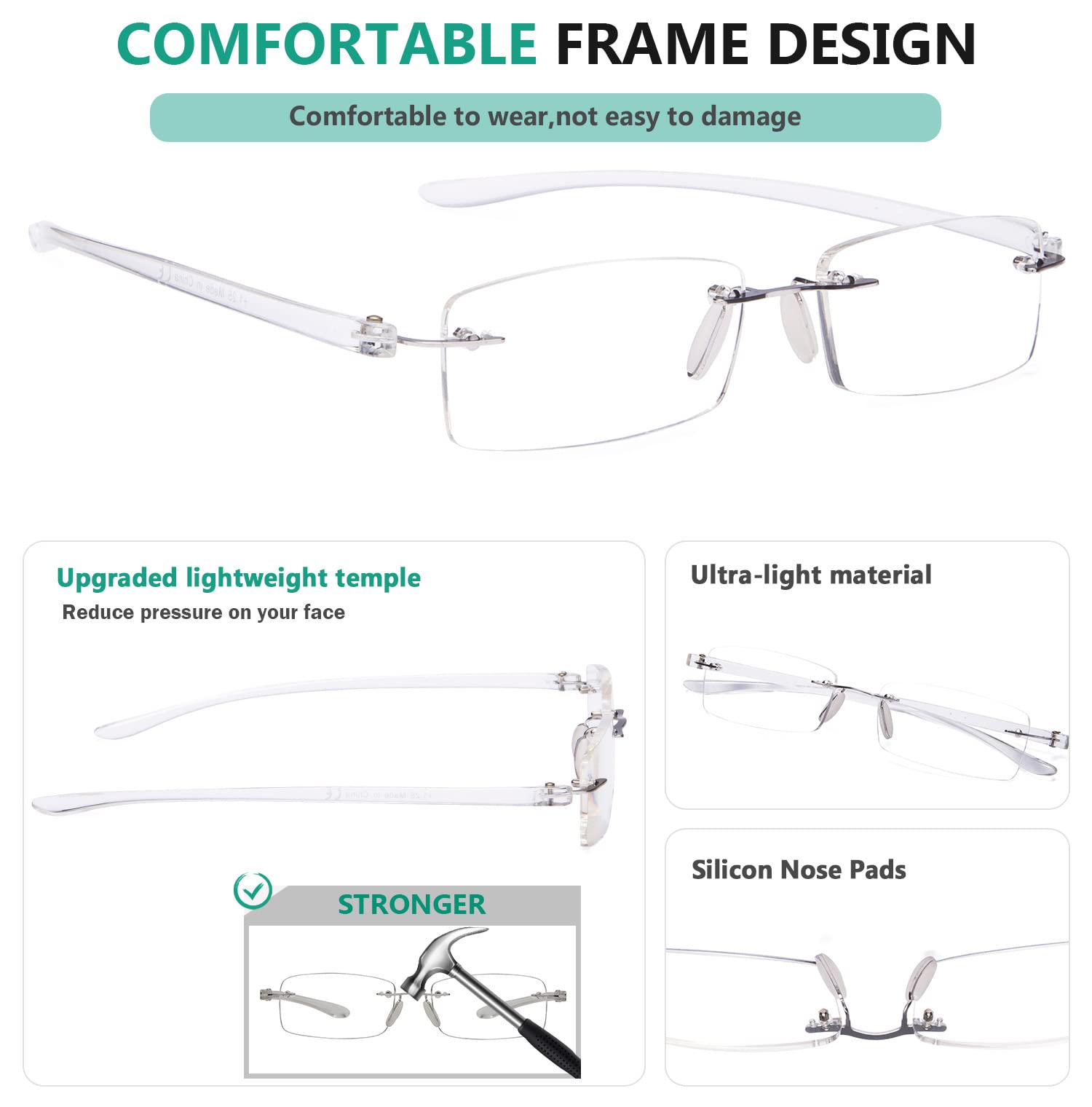 Eyekepper Small Lens Rimless Reading Glasses for Men & Women - Lightweight Comfort for Reading, Computer Work & Daily Use
