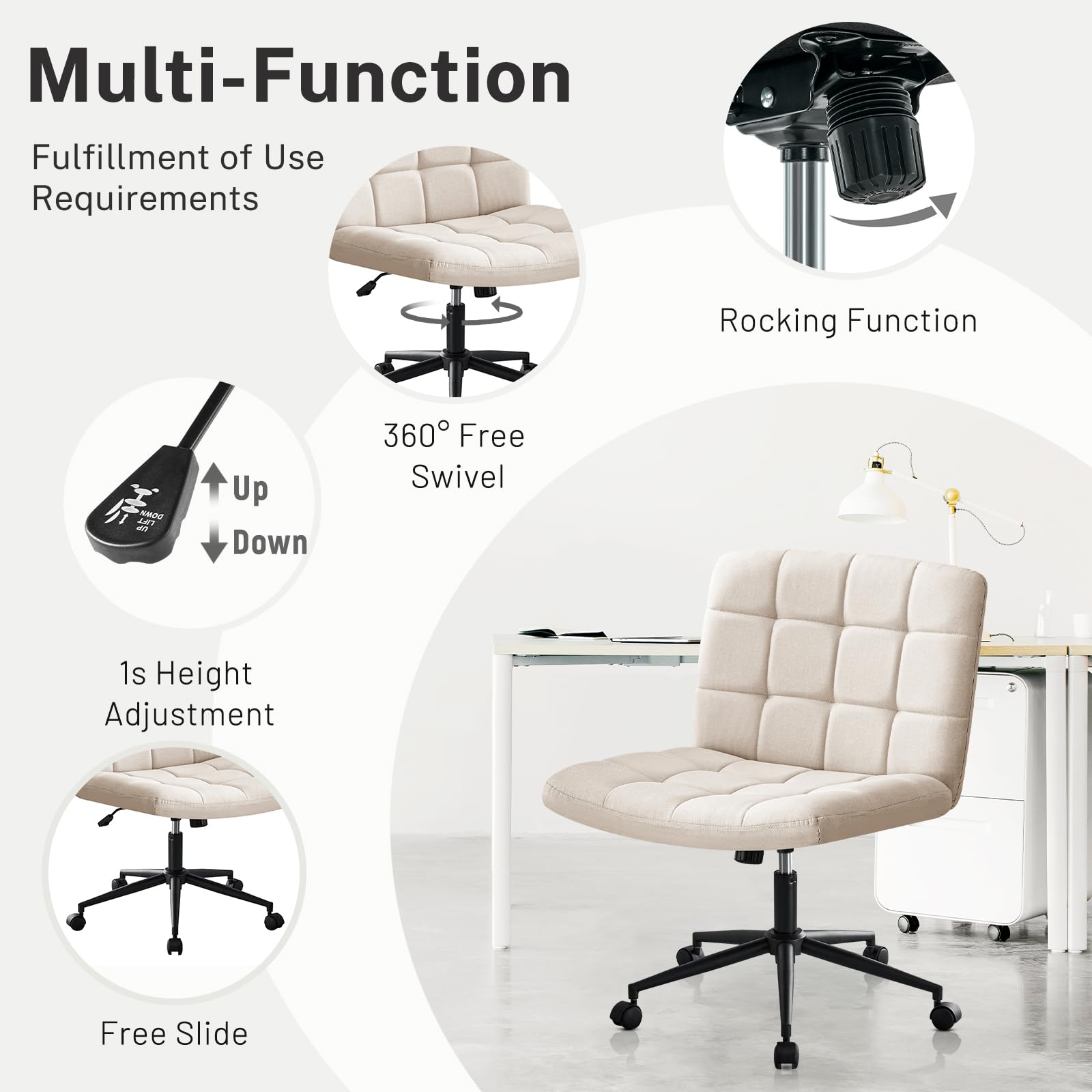 Furniliving Ergonomic Home Office Desk Chair with Wheels - Criss Cross Leg Base, Wide Seat, Armless & Height Adjustable Mid Back Swivel Chair for Work, Study, Gaming - Linen Beige Accent Vanity Chair for Small Spaces