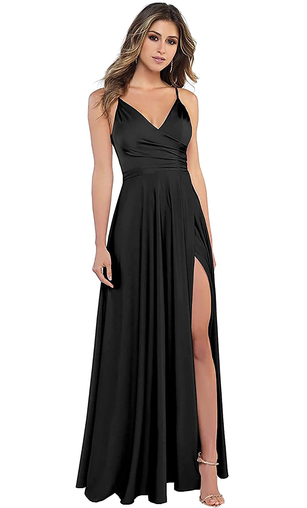 Elegant Satin Formal Evening Gowns for Women - Long Slit Prom Dresses, Wedding Party & Bridesmaid Dresses with Spaghetti Straps | Perfect for Black Tie Events, Galas, and Special Occasions
