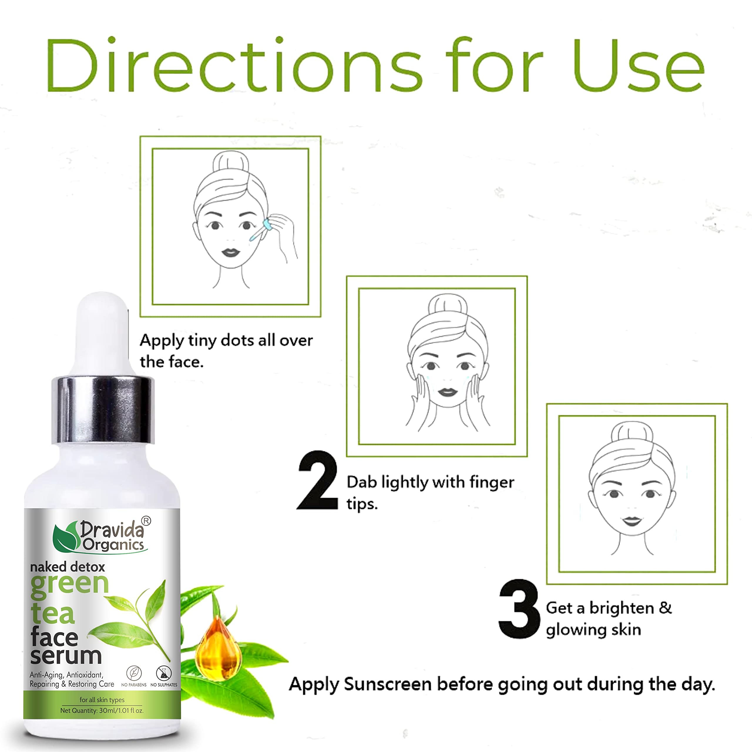 Dravida Organics Green Tea Face Serum - Anti-Aging, Antioxidant, Repair & Restore Skin Care (30ml) | Best for Daily Hydration, Wrinkle Reduction & Glowing Skin
