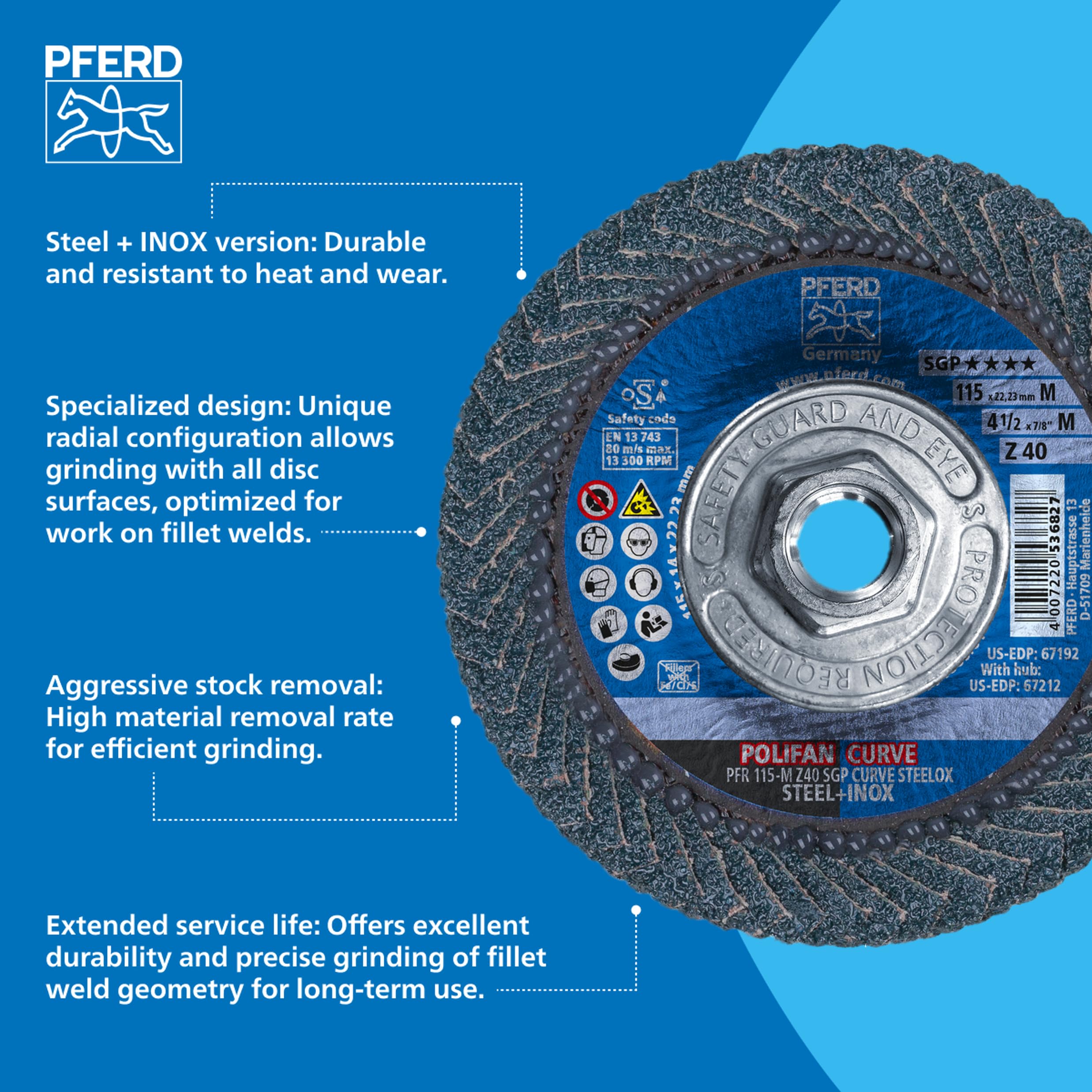 PFERD POLIFAN® Curve Radial Flap Disc 4-1/2