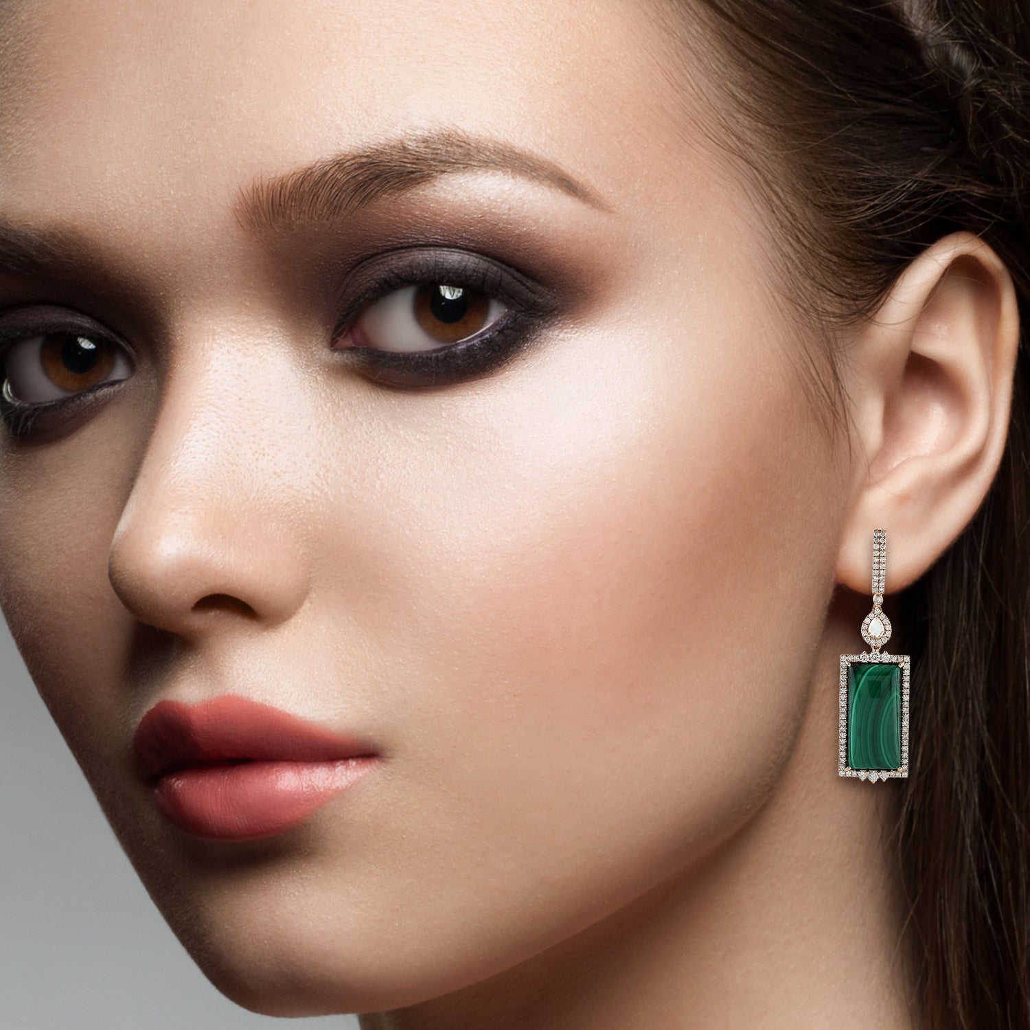 18K Rose Gold Baguette Malachite Prong Rose Cut Diamond Dangle Earrings for Women - Elegant Jewelry Gift for Weddings, Parties & Special Occasions