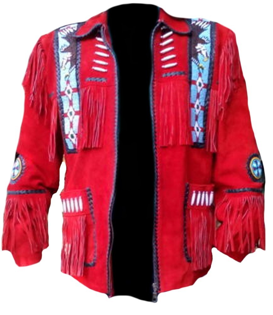 Classyak Men's Western Cowboy Jacket - Red Eagle Beaded Denim Coat for Country Rodeo & Outdoor Events | Vintage Style Ranch Wear for Cowboy Riders and Western Fashion Enthusiasts