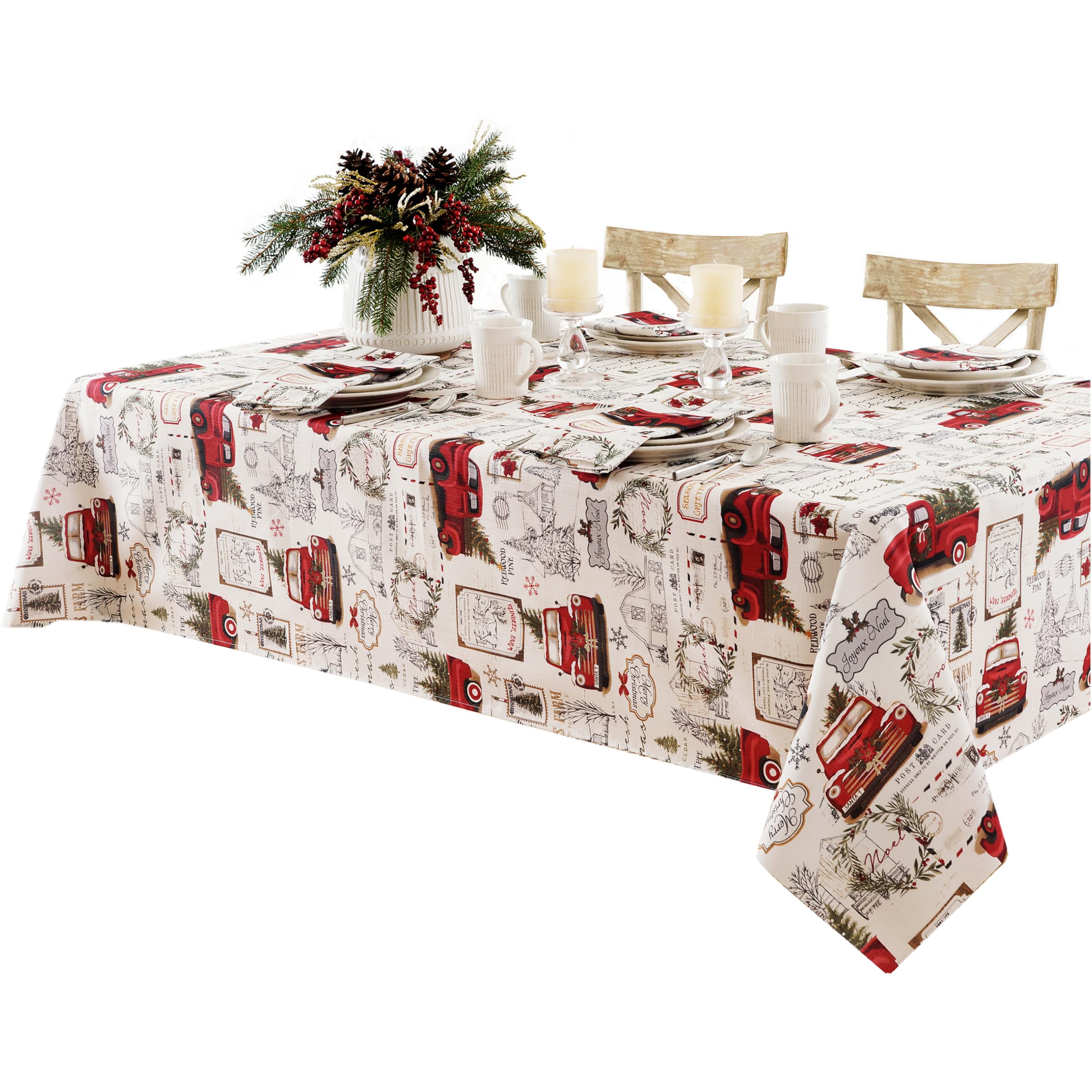 Newbridge Pine Hill Christmas Tree Farm Fabric Holiday Placemats - Set of 4 Nostalgic Retro Christmas Farm Truck Print Buffalo Check Placemats for Dining Table Decor, Seasonal Dinner Party & Cozy Winter Gatherings