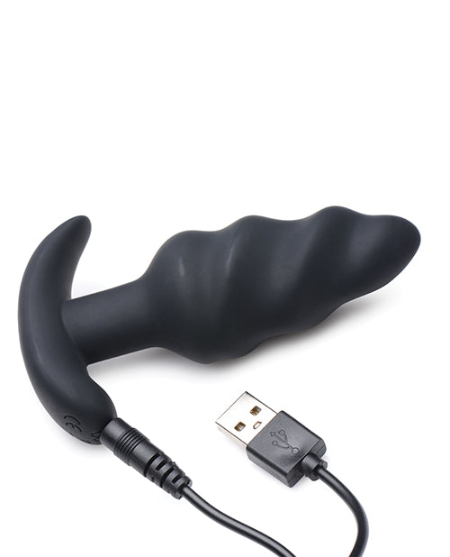 21x Vibrating Silicone Rechargeable Swirl Butt Plug with Remote Control - Black - Perfect for Couples Play & Solo Pleasure