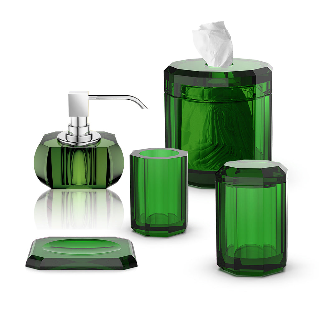 Premium Kristall Bathroom Accessories Set - 5-Piece Free Standing Glass Organizer with Green Accents for Vanity Countertop | Modern Bathroom Decor for Home & Hotel Use