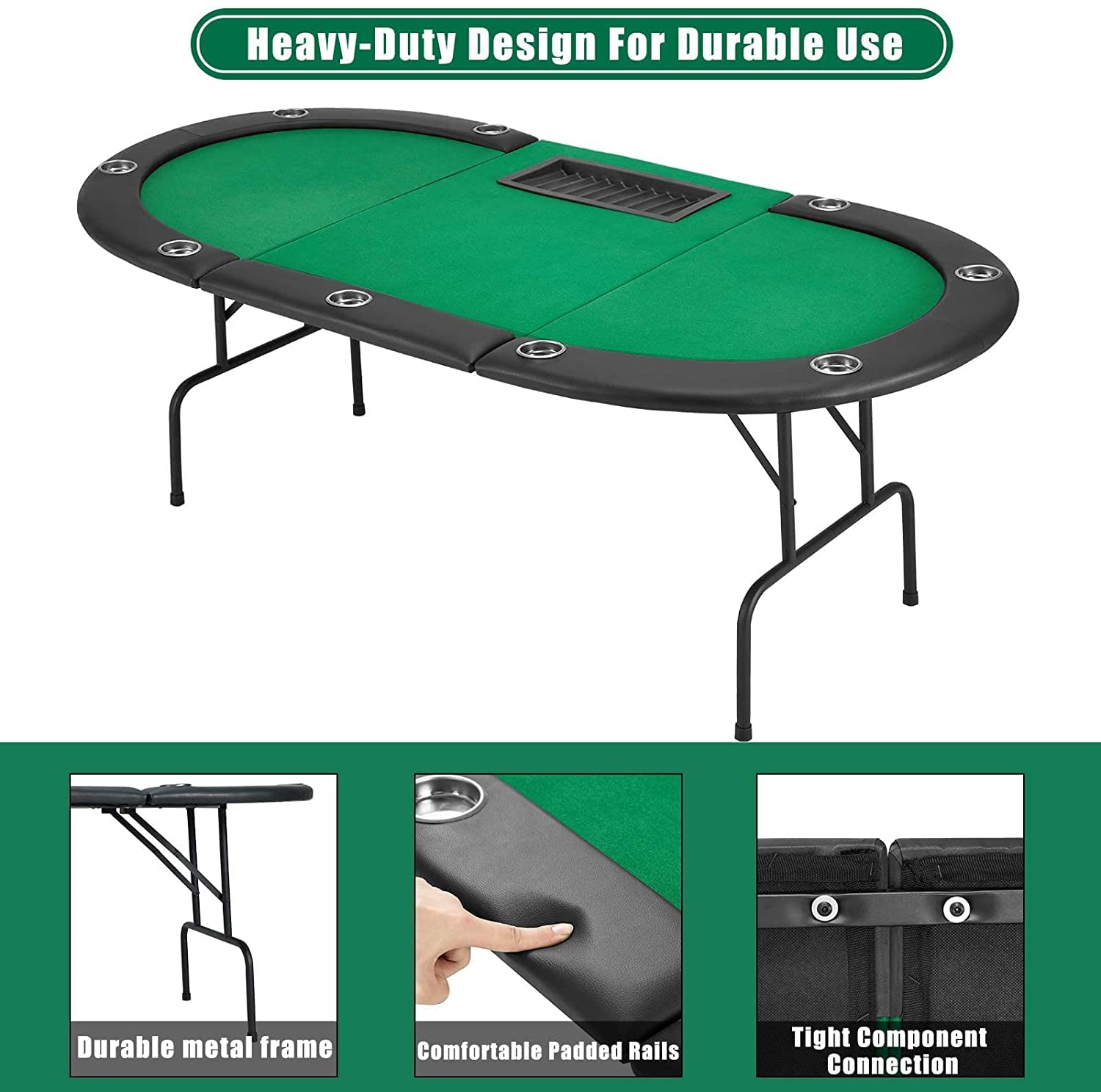 Premium ECOTOUGE Oval Poker Table with Stainless Steel Cup Holders - 10 Player Texas Hold'em Casino Style Game Table with Green Felt & Sturdy Legs - Perfect for Home Game Nights, Poker Parties & Casino-Themed Events