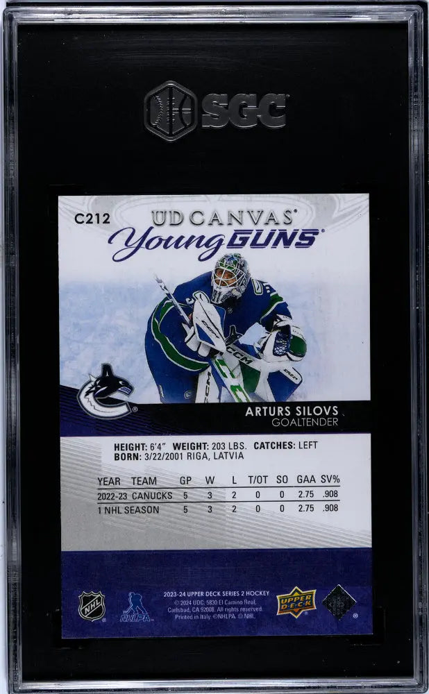 2023-24 Upper Deck Series 2 Hockey Arturs Silovs UD Canvas Young Guns Rookie Card SGC 10 Gem Mint - Perfect for NHL Collectors & Hockey Fans Display