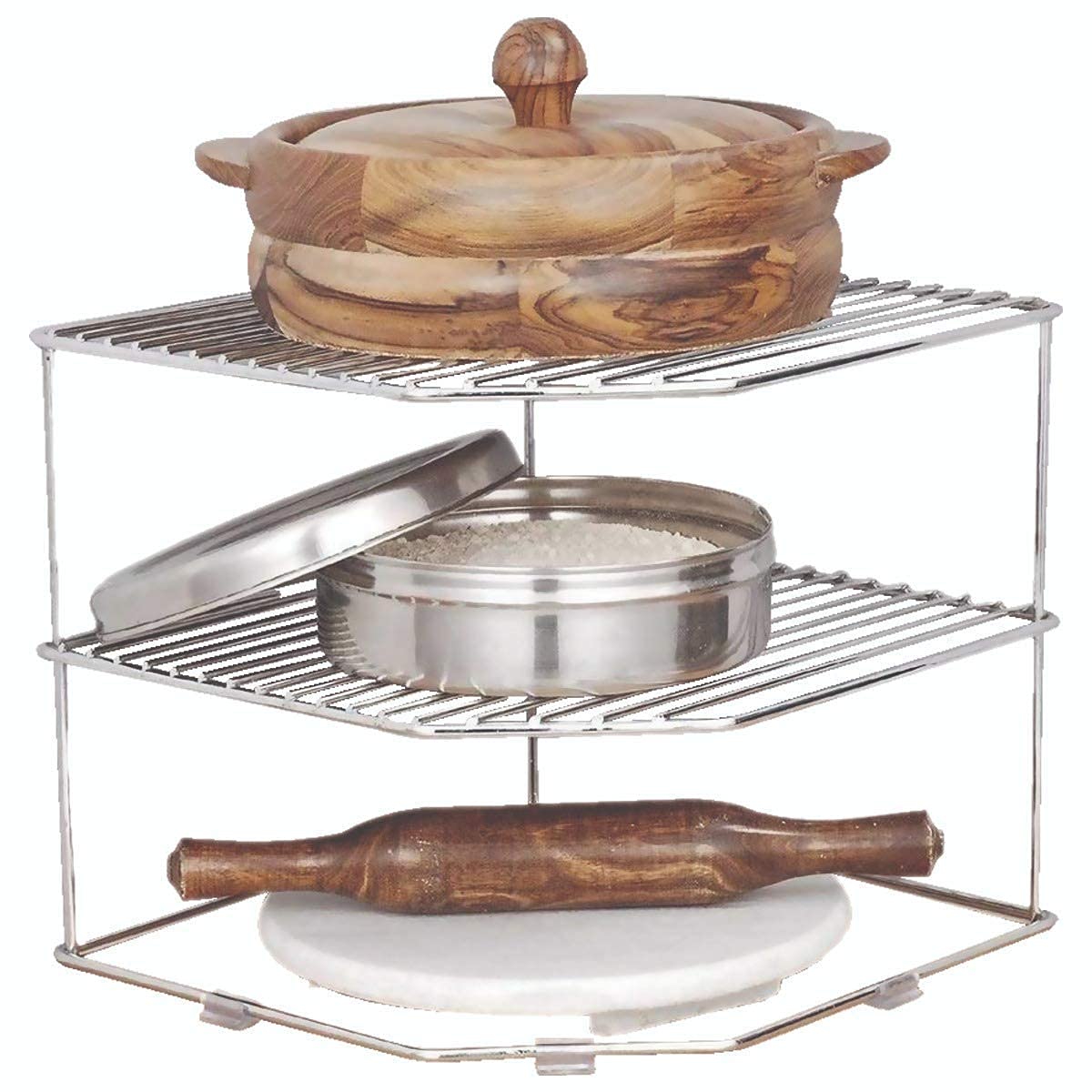 TechSrmaji™ 3-Tier Stainless Steel Corner Shelf - Space Saving Kitchen Organizer for Plates, Dishes & Utensils | Perfect for Small Kitchens, Pantries & Bathroom Storage (Bartan Stand)
