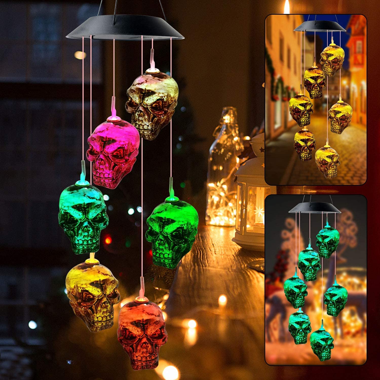 Solar-Powered Halloween Skeleton Skull Wind Chimes - Outdoor Garden Decor for Halloween, Christmas, Easter & Parties | Weather-Resistant Pumpkin Lantern & Festival Decoration Gift for Yard, Bars & Patios
