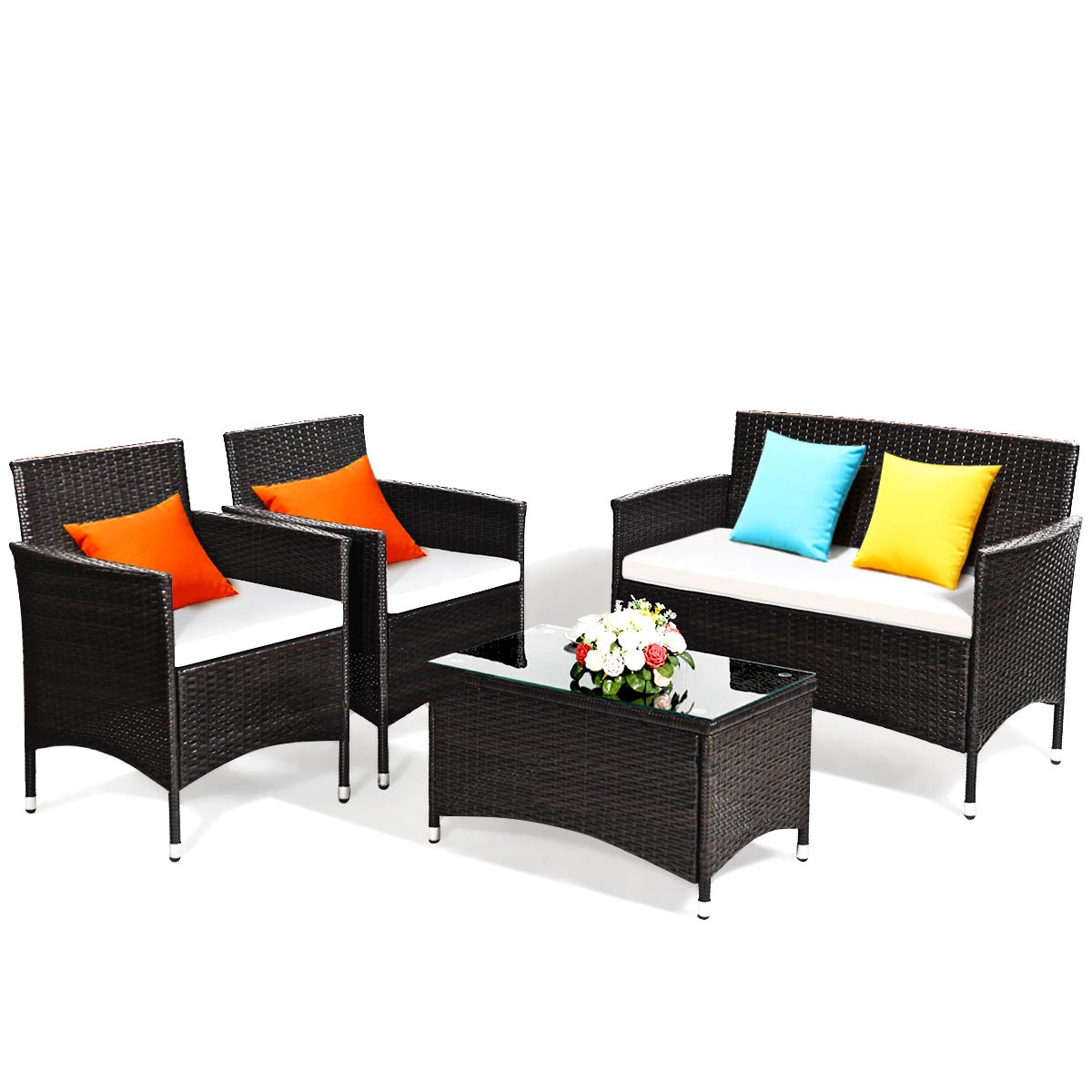 Tangkula 4-Piece Rattan Patio Furniture Set with Cushions - Outdoor Wicker Sofa & Tempered Glass Coffee Table Set for Garden, Balcony, Backyard - Indoor/Outdoor Use - Brown