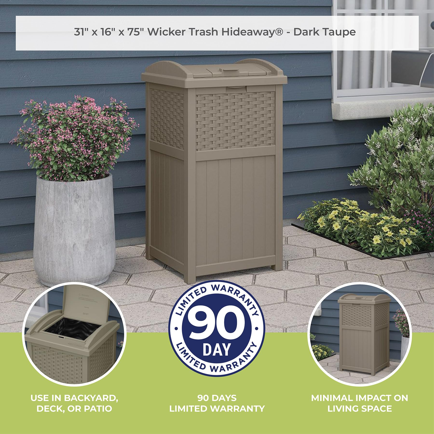 Suncast 33 Gallon Outdoor Trash Can with Lid - Durable Resin Hideaway Garbage Bin for Patio, Backyard & Deck - Weatherproof Dark Taupe Design - Perfect for BBQs, Poolside & Outdoor Entertaining
