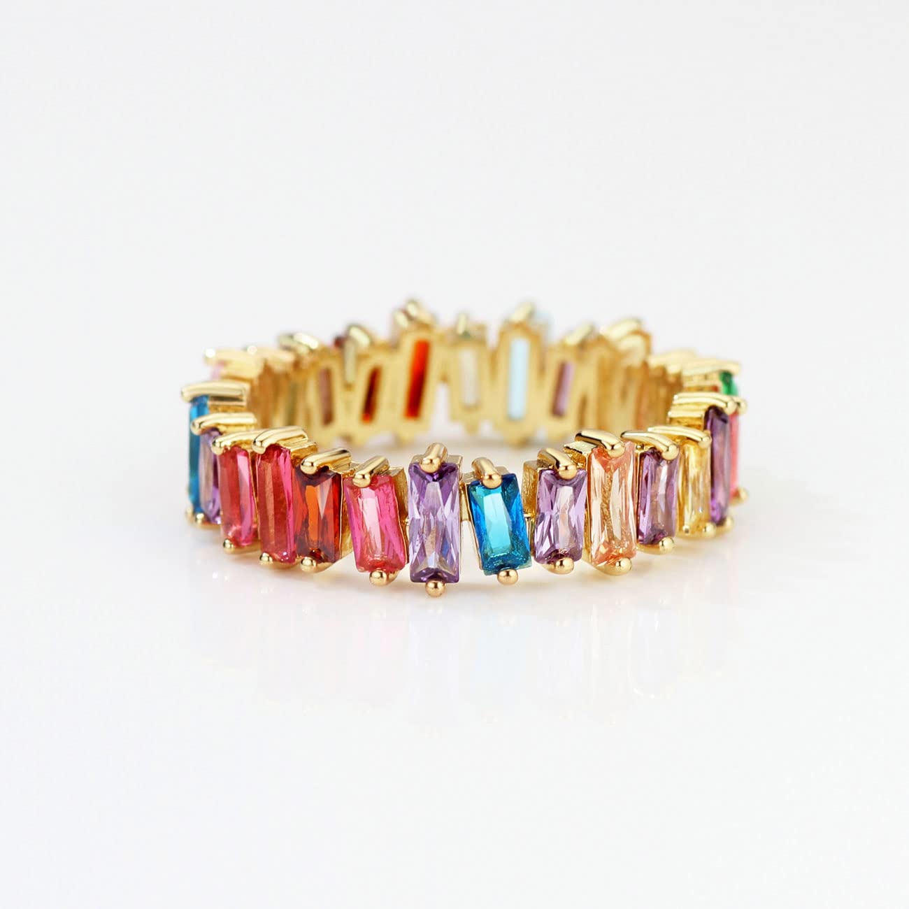 18K Gold Plated Rainbow Eternity Ring for Women - Multicolor Cubic Zirconia Baguette Wedding Band, Anniversary Gift, Stackable Ring for Everyday Wear & Special Occasions
