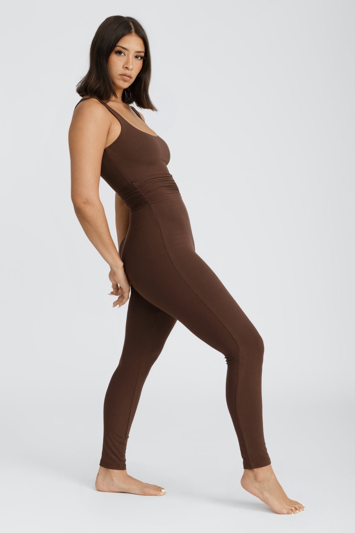 Naida Ruched Romper for Women - Stretchy Jumpsuit in Chocolate Brown | Casual Outfit for Summer, Beach, and Date Night