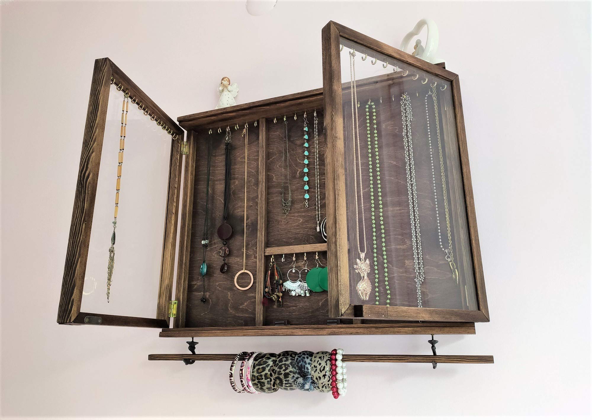 Large Solid Wood Jewelry Cabinet with Glass Door - Wall Mounted Earring Organizer & Necklace Display - Perfect for Bracelets, Rings & Jewelry Storage - Elegant Chocolate Finish - Ideal for Bedroom, Closet or Dressing Room Organization
