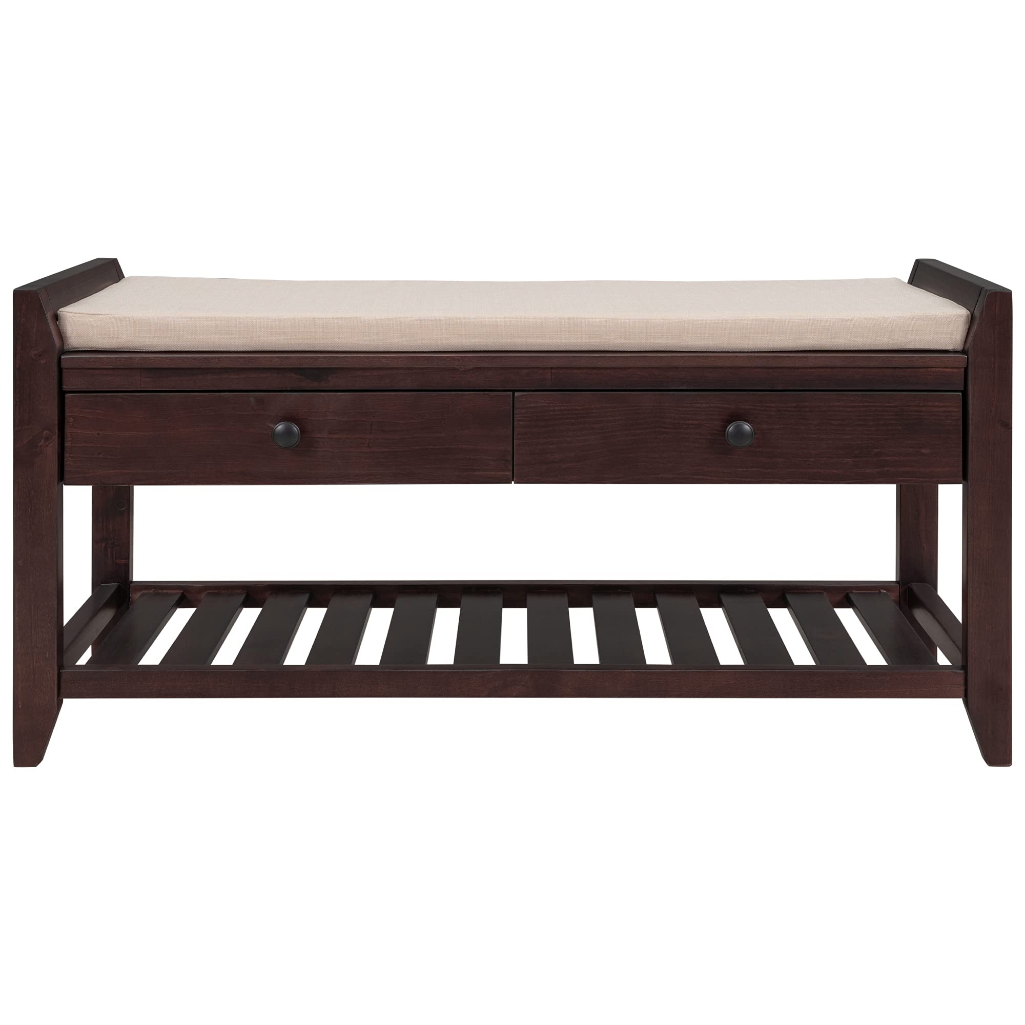 P PURLOVE Entryway Storage Bench with Cushioned Seat - 2 Drawers Shoe Rack & Storage Shelf, Espresso Finish - Perfect for Hallway Organization, Mudroom Decor & Small Space Entry Solutions