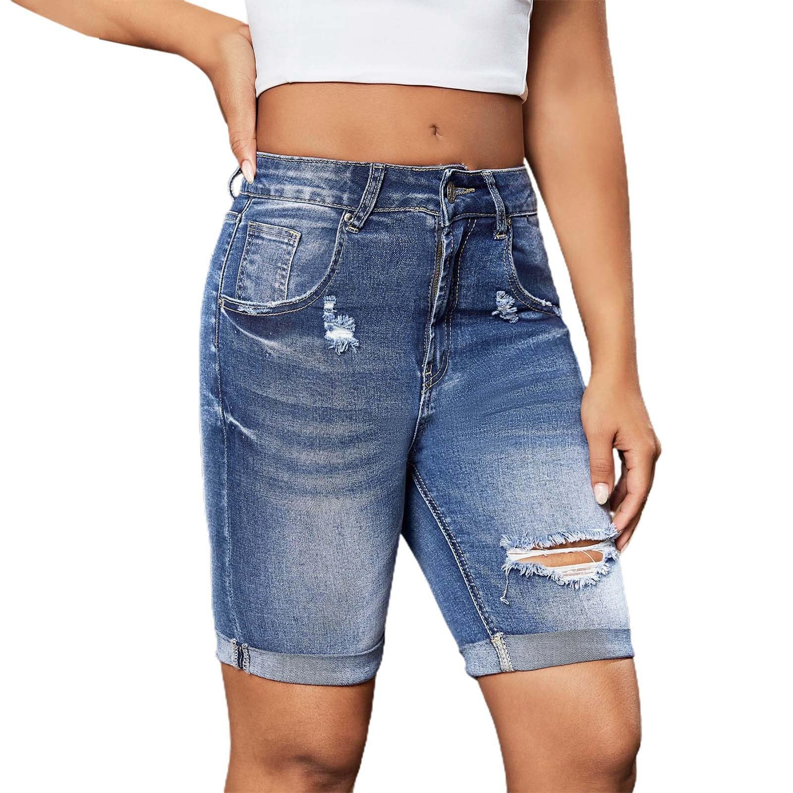 Women's Mid Rise Ripped Denim Shorts - Stretchy Bermuda Jean Shorts with Folded Hem | Perfect for Summer Outfits, Beach Vacations & Casual Wear