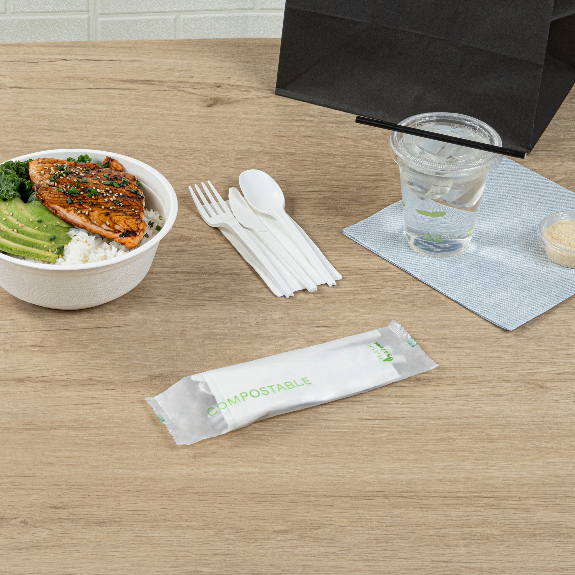 Eco-Friendly Compostable CPLA Plastic Cutlery Set - 100-Piece Box with Heat-Resistant Forks, Knives, Spoons & White Napkins | Perfect for Parties, Picnics, Catering & Zero-Waste Events