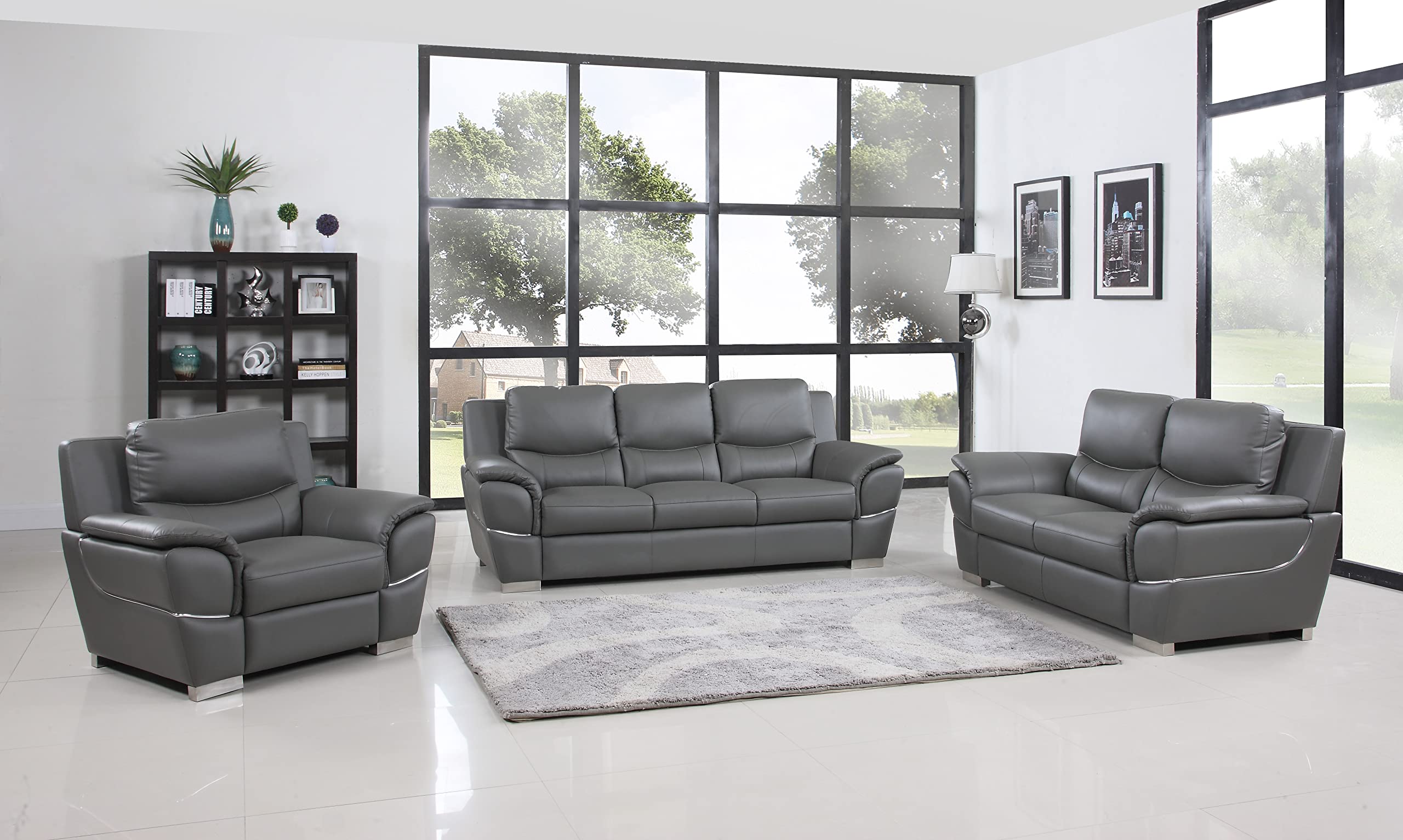 Binion Modern Genuine Leather Loveseat - 1-Piece Upholstered Sofa with Padded Headrest, Wide Arms & Chrome Accents for Living Room - Elegant Gray Leather Couch for Small Spaces, Apartments & Cozy Home Decor