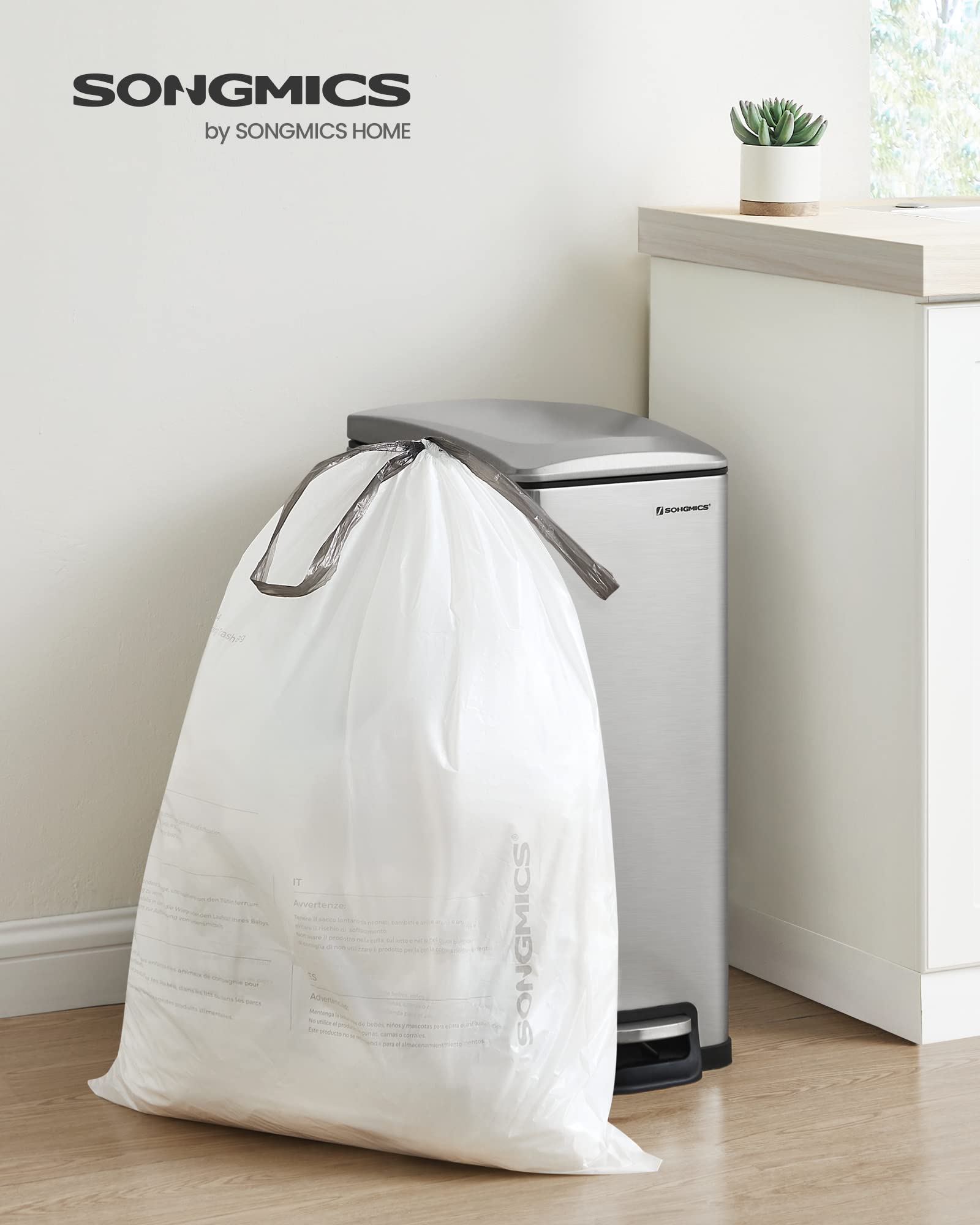 SONGMICS 12-14.5 Gallon Trash Bags, 40 Count Drawstring Garbage Bags for Kitchen, Bathroom & Office - White (UKRB055A01) - Durable Waste Bin Liners with Secure Closure