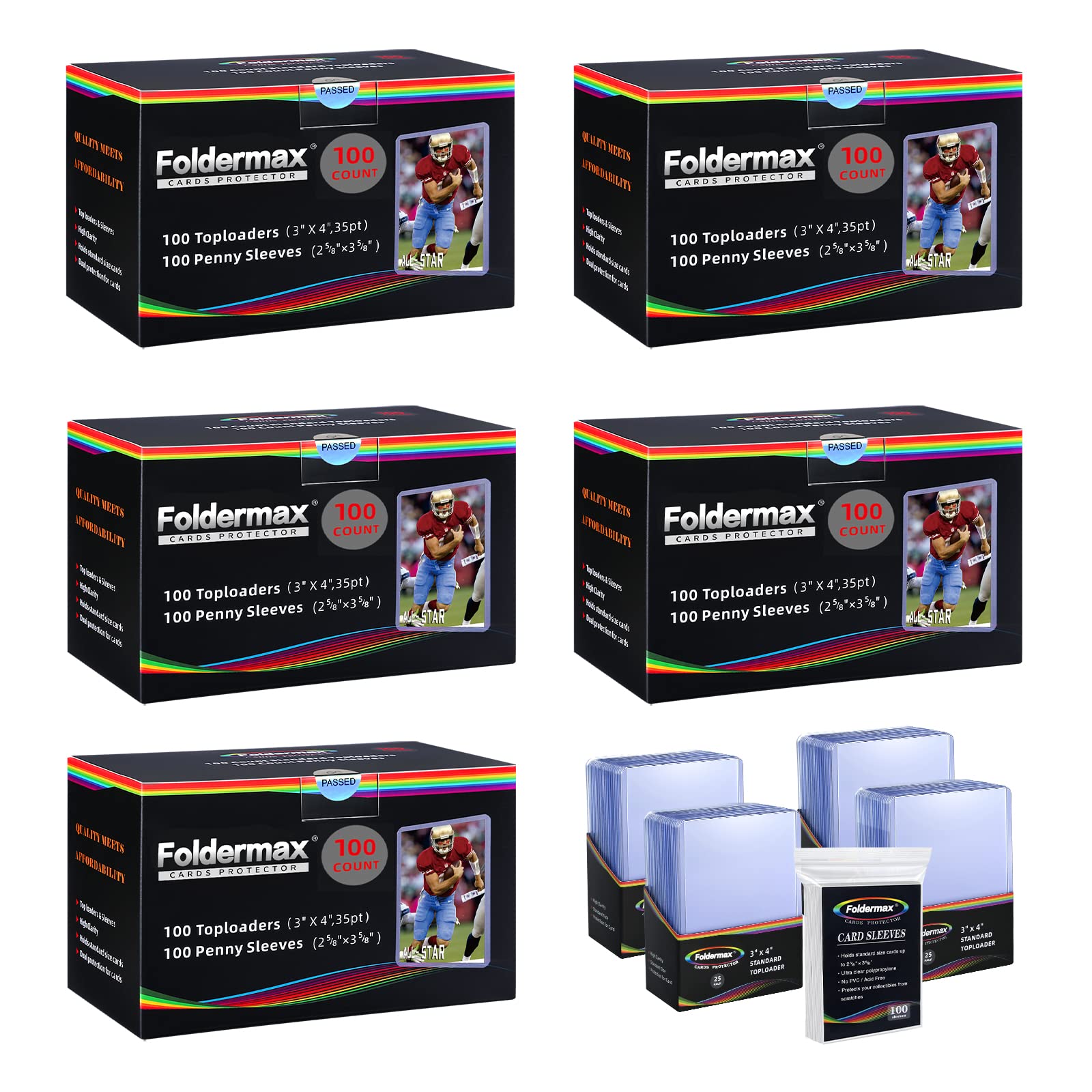 Foldermax 500 35PT Toploader Card Protectors & Sleeves - Hard Plastic Trading Card Holders for Baseball, MTG, Sports Cards - Perfect for Collecting, Storing & Displaying Valuable Cards (500 Toploaders + 500 Sleeves)