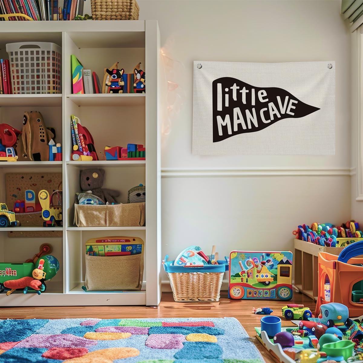 Little Man Cave Decor - Boys Nursery Wall Hanging Banner Set for Bedroom, Playroom & Dorm | Canvas Wall Flags for Toddler & Baby Boys Room | Perfect for Birthday Parties, Baby Showers & Nursery Themes
